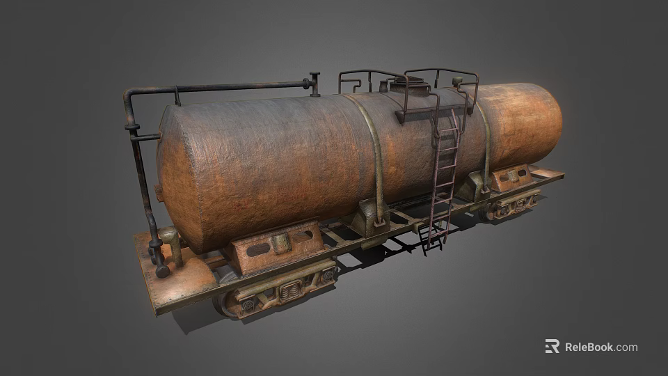 Rusty Industrial Oil Tanker Equipment With Ladder Pipes On Rail Tracks 3d model 