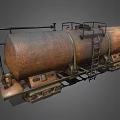 Rusty Industrial Oil Tanker Equipment With Ladder Pipes On Rail Tracks