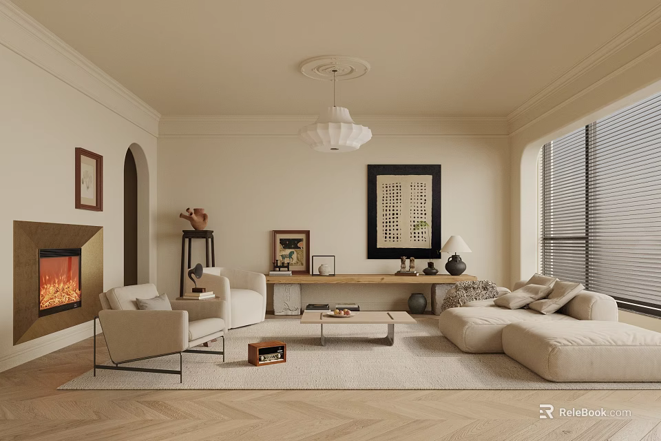 Modern Beige Living Room Interior With Fireplace Sofa Chandelier Artwork And Arched Doorway 3d model 