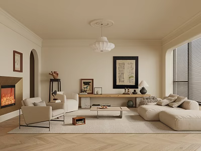 Modern Beige Living Room Interior With Fireplace Sofa Chandelier Artwork And Arched Doorway 3d model