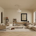 Modern Beige Living Room Interior With Fireplace Sofa Chandelier Artwork And Arched Doorway