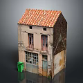 Old House Model With Red Tiled Roof Weathered Walls And Green Trash Bin