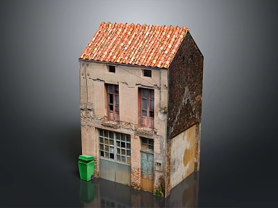 Old House Model With Red Tiled Roof Weathered Walls And Green Trash Bin 3d model