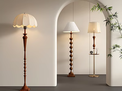 Elegant Modern Floor Lamps With Diverse Designs And Wooden Metal Bases In Minimalist Interior 3d model