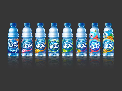 Multiple Mizone Energy Drink Bottles With Different Flavors In Blue Packaging 3d model