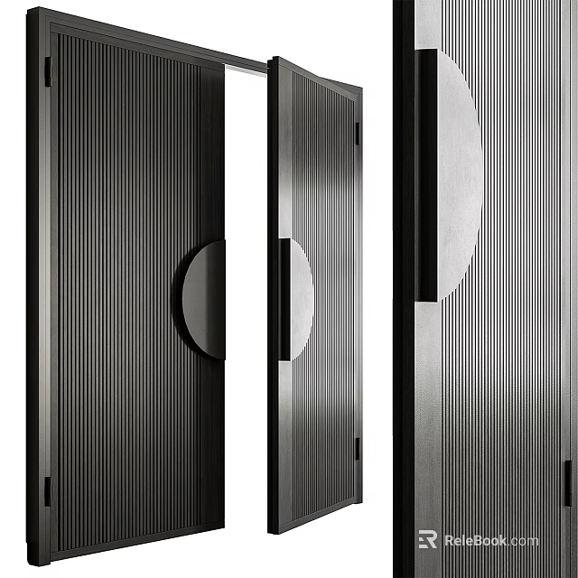 Modern Minimalist Double Doors with Vertical Stripes and Circular Metallic Accents 3d model 