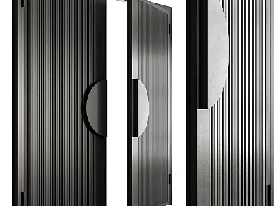 Modern Minimalist Double Doors with Vertical Stripes and Circular Metallic Accents 3d model