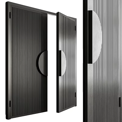 Modern Minimalist Double Doors with Vertical Stripes and Circular Metallic Accents 3d model