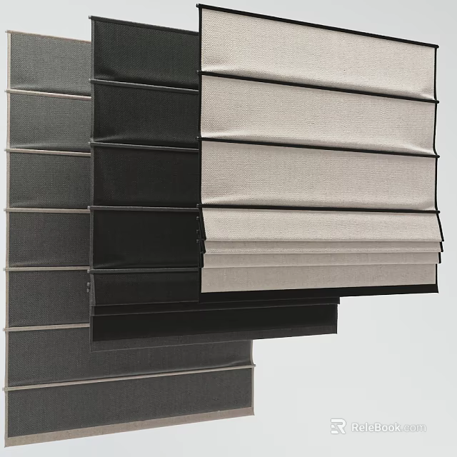 Stylish Pleated Window Curtains in Black Gray and Beige Modern Fabric Design 3d model 