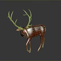Brown Deer With Majestic Antlers Standing On Dark Reflective Surface In Studio
