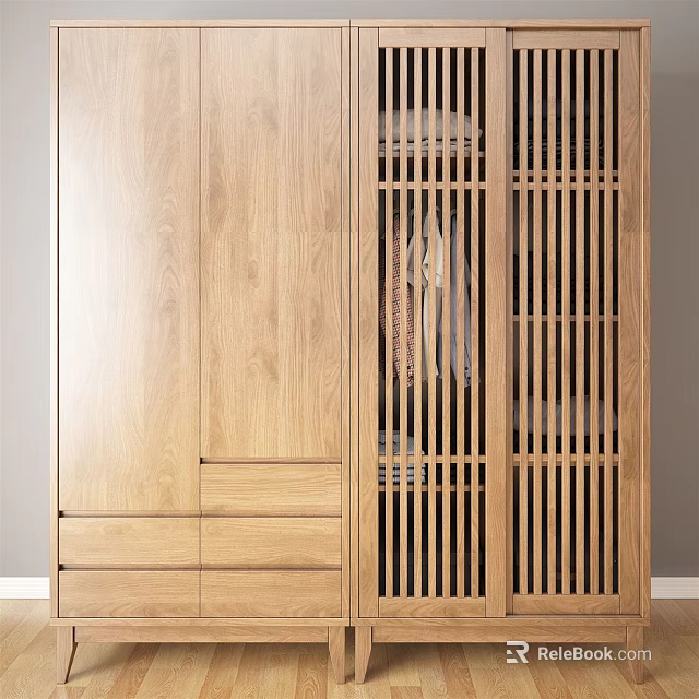 Modern Wooden Wardrobe With Sliding Grille Doors And Drawer Storage 3d model 