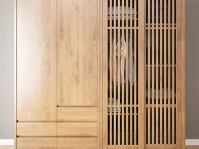 Modern Wooden Wardrobe With Sliding Grille Doors And Drawer Storage 3d model