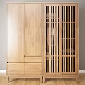 Modern Wooden Wardrobe With Sliding Grille Doors And Drawer Storage