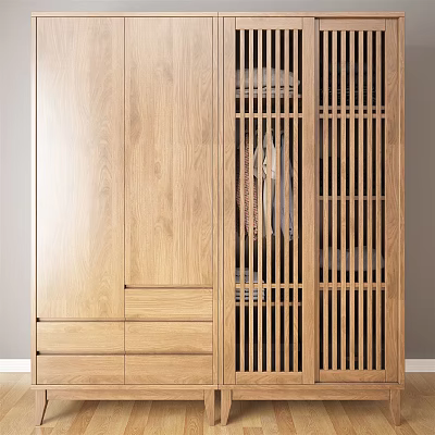 Modern Wooden Wardrobe With Sliding Grille Doors And Drawer Storage 3d model