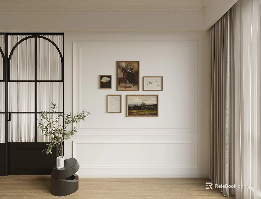 Interior Wall Decor With Five Artworks Black Arched Partition And Green Plant 3d model 