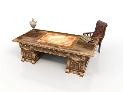 Vintage Wooden Desk With Carved Details Patterned Mat Vase Books And Leather Chair 3d model