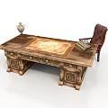 Vintage Wooden Desk With Carved Details Patterned Mat Vase Books And Leather Chair