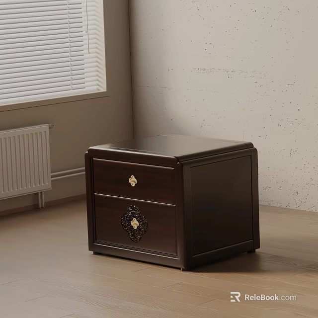 Dark Wood Bedside Table With Two Drawers And Golden Ornate Handles On Wooden Floor 3d model 