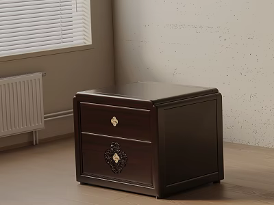 Dark Wood Bedside Table With Two Drawers And Golden Ornate Handles On Wooden Floor 3d model