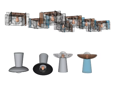 Modern Lighting Fixture Combination With Various Shapes Metal Frames Colored Bases And Visible Bulbs 3d model