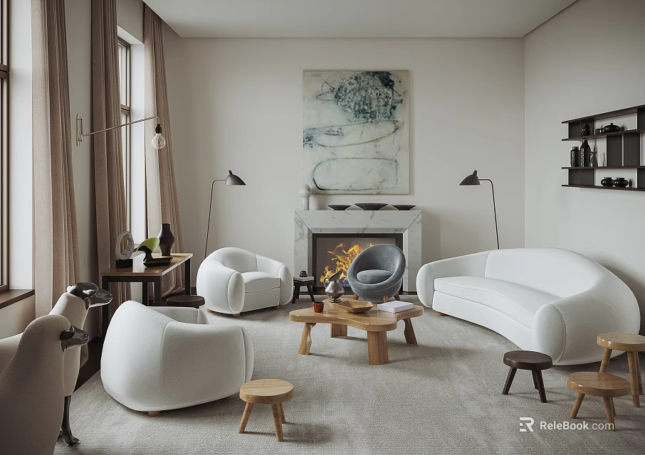 Elegant Modern Living Room Interior With White Sofa Armchairs Wooden Coffee Table Fireplace And Painting 3d model 