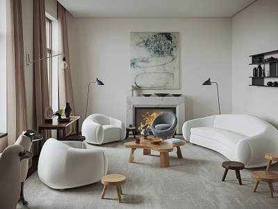 Elegant Modern Living Room Interior With White Sofa Armchairs Wooden Coffee Table Fireplace And Painting 3d model