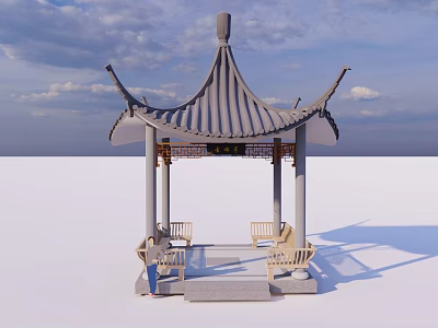 Classic Chinese Pavilion with Traditional Curved Roof and Wooden Chairs Person Sitting Under Cloudy Sky 3d model
