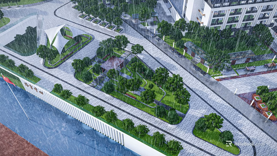 Modern Garden Landscape Design With Green Plants Paved Paths And Recreational Areas 3d model 
