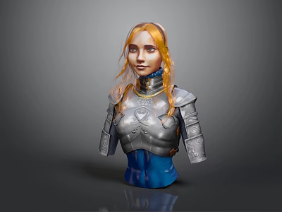 Fantasy Female Character In Silver Armor With Golden Braided Hair And Blue Undergarment Necklace 3d model