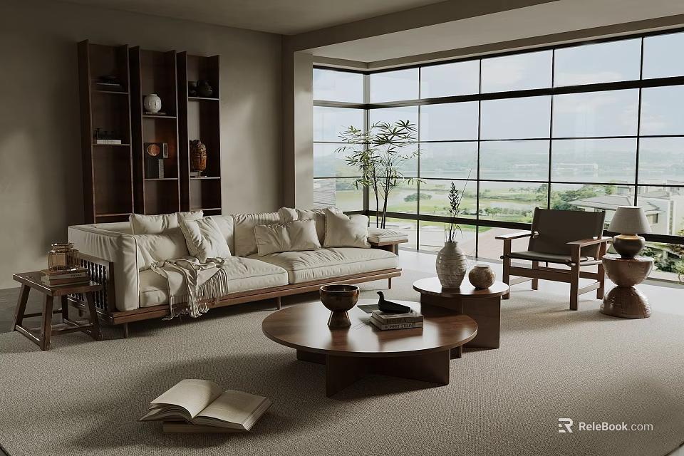 Modern Living and Dining Room Interior With Beige Sofa Wooden Bookshelf Large Windows And View Outside 3d model 