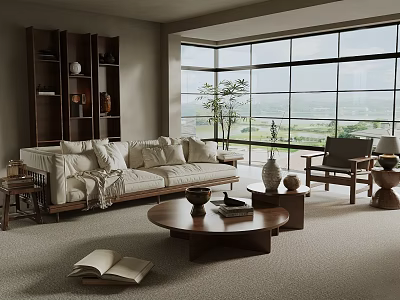 Modern Living and Dining Room Interior With Beige Sofa Wooden Bookshelf Large Windows And View Outside 3d model