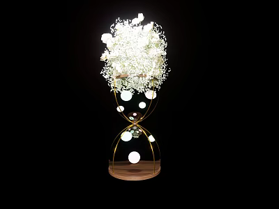 Banquet Hall Decor With Hourglass Shaped Golden Frame White Flowers And Illuminated Spheres 3d model
