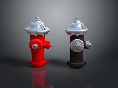 Red and Black Fire Hydrants with Silver Tops for Fire Safety Equipment 3d model