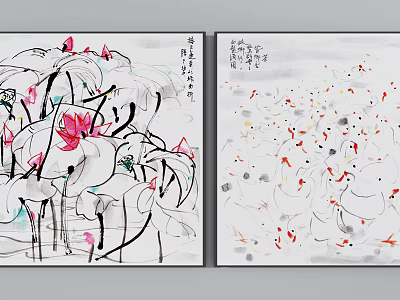 Traditional Chinese Ink Wash Landscape Painting with Lotus Flowers Leaves and Red Gold Fish 3d model