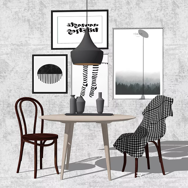 Modern Dining Table Set With Round Table Chairs Vases Wall Art And Pendant Light 3d model