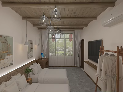 Hotel Room With Wooden Ceiling Metal Pendant Lights Twin Beds Large Windows And Greenery View 3d model