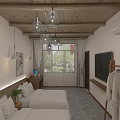 Hotel Room With Wooden Ceiling Metal Pendant Lights Twin Beds Large Windows And Greenery View
