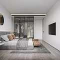 Modern Bedroom Interior Design With Cozy Bed Glass Wardrobe And Circular Wall Art