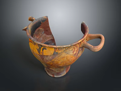 Ancient Broken Ceramic Sculpture With Two Handles And Colorful Patterns 3d model