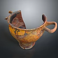 Ancient Broken Ceramic Sculpture With Two Handles And Colorful Patterns