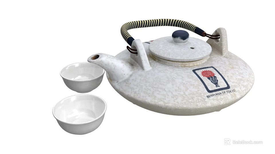 White Tea Set With Textured Teapot Two Cups Black And White Striped Handle Red Design 3d model 