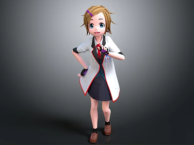 3D Cartoon Character Model With Brown Hair Purple Accessory White Lab Coat And Black Skirt 3d model