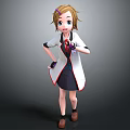 3D Cartoon Character Model With Brown Hair Purple Accessory White Lab Coat And Black Skirt