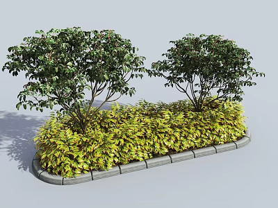 Leafy Green Shrubs With Yellow Ground Cover And Stone Border Design 3d model