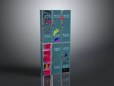 Metal Lockers With Graffiti Art Open Door Pink Interior Smiley Face And Stars Design 3d model