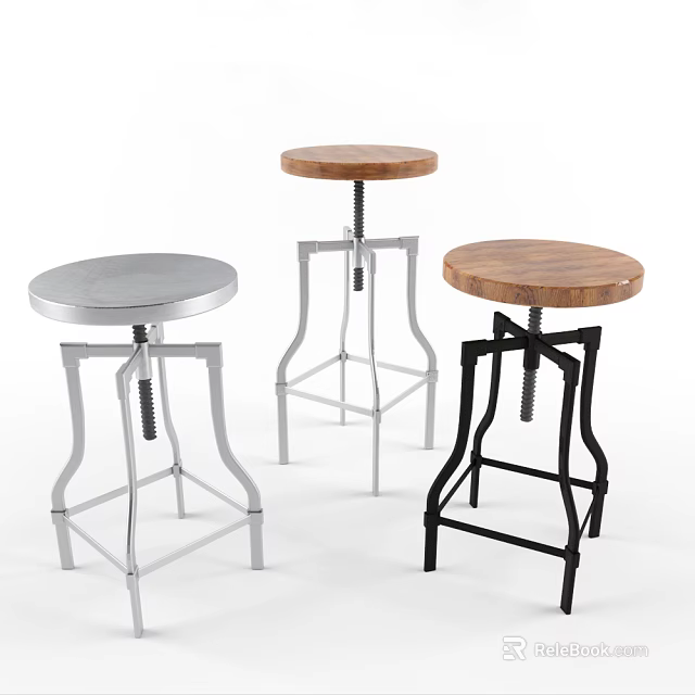Modern Adjustable Bar Stools With Metal Frames And Wooden Tops In Silver And Black 3d model 