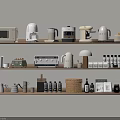 Multiple Wooden Kitchen Shelves Showcasing Various Appliances And Kitchen Essentials 3d model