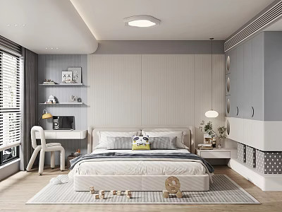 Modern Kids Bedroom With Bed Desk Chair Shelves And Rug With Word Letters 3d model