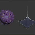 Purple Jellyfish Floating with Transparent Manta Ray Swimming in Dark Background