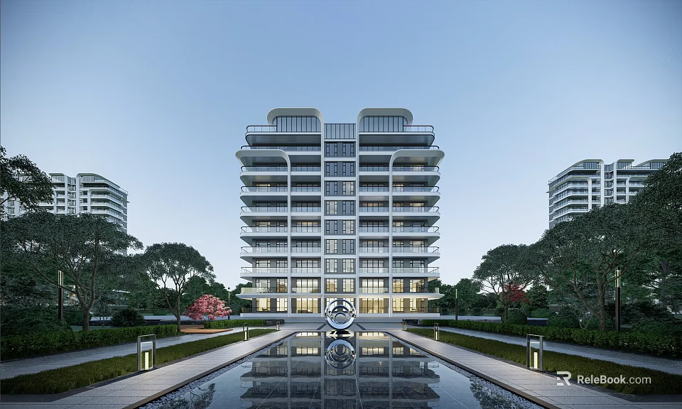 Elegant Modern Mid Rise Residential Building With Symmetrical Design Water Pond And Lush Greenery 3d model 